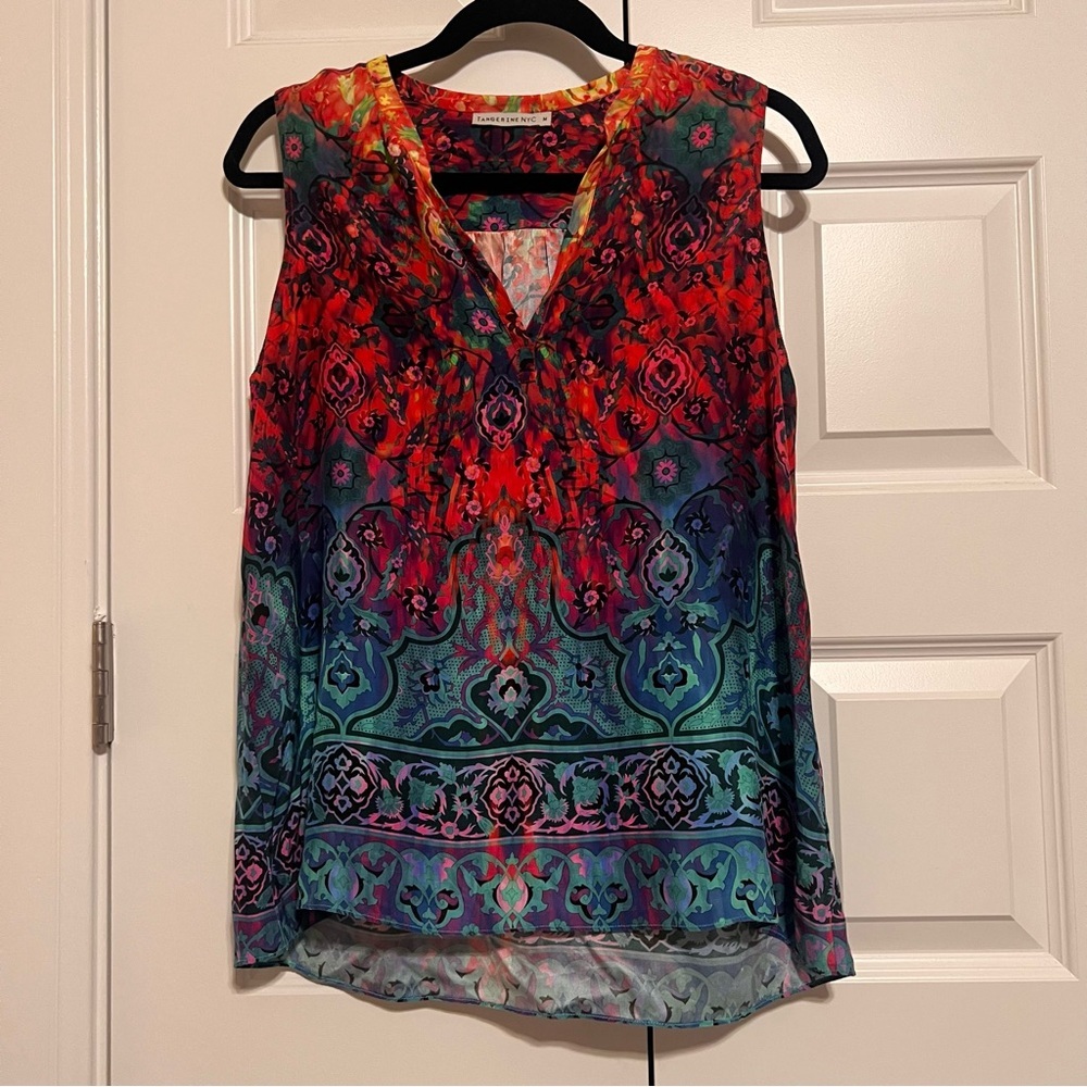 Tangerine Colorful Patterned Silk Sleeveless Blouse - Picture 5 of 8